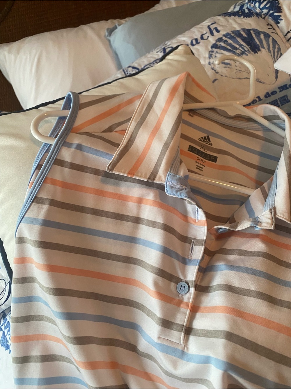 adidas Sleeveless Polo Top - Cream with Blue, Peach & Gray Stripes